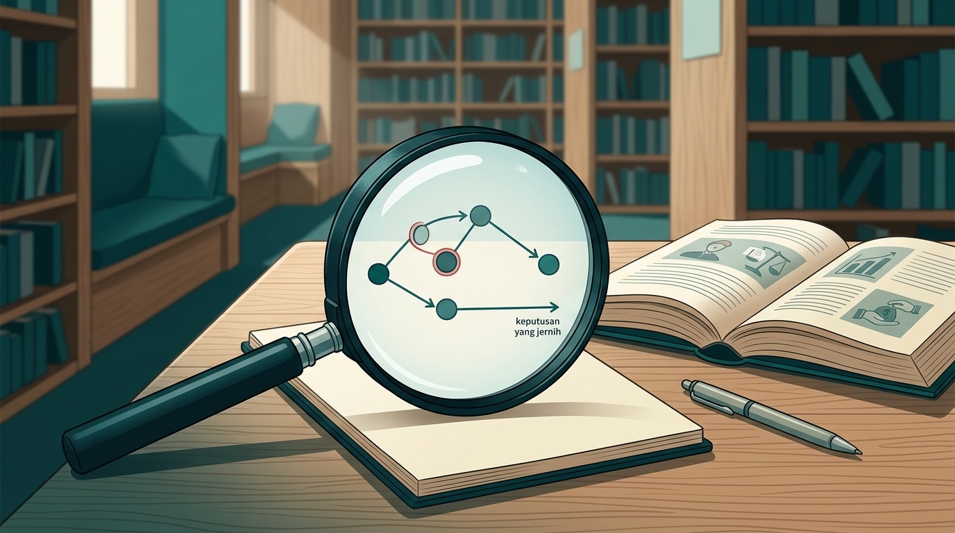Ilustración de estilo editorial sobre las trampas del pensamiento, con una lupa y patrones mentales sobre una mesa de biblioteca