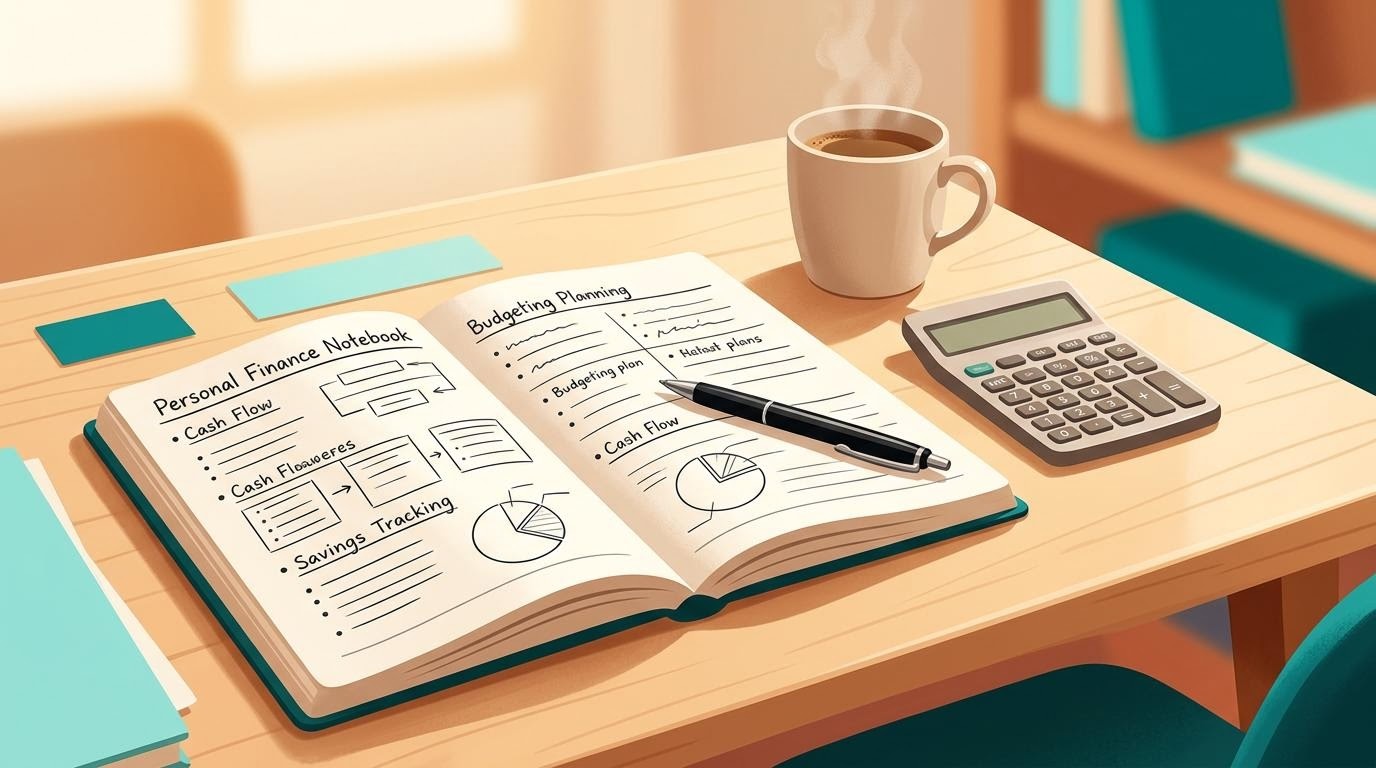 Ilustración de un cuaderno de finanzas personales con una birome y una calculadora sencilla sobre la mesa