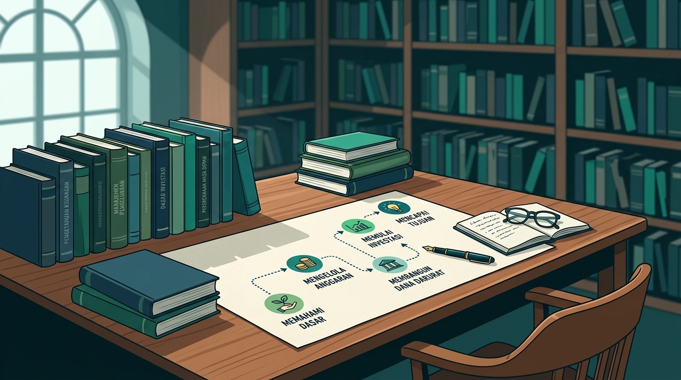 Ilustración de estilo editorial sobre un recorrido de aprendizaje por etapas, con libros apilados y un mapa de pasos sobre una mesa de biblioteca