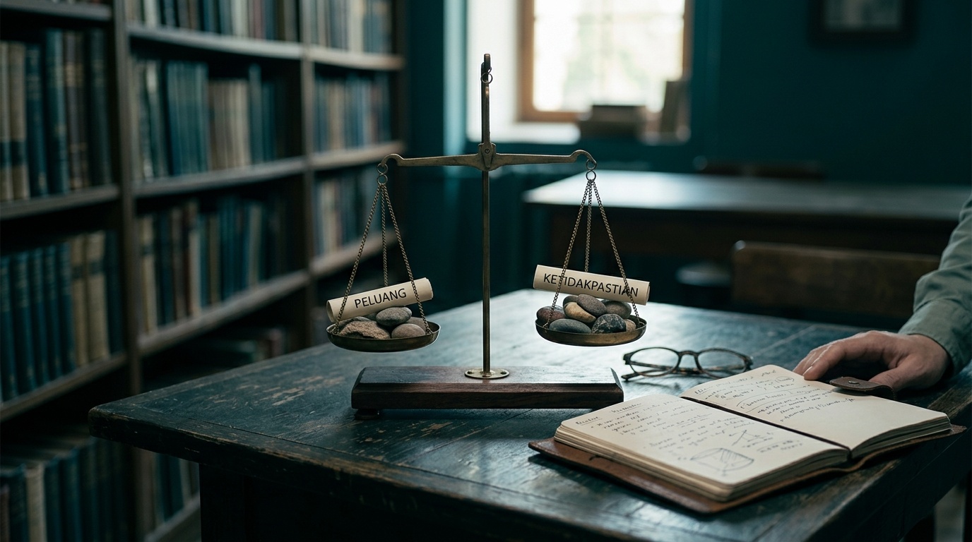 Ilustración de estilo editorial sobre el equilibrio y la prudencia, con una balanza sencilla sobre una mesa de biblioteca