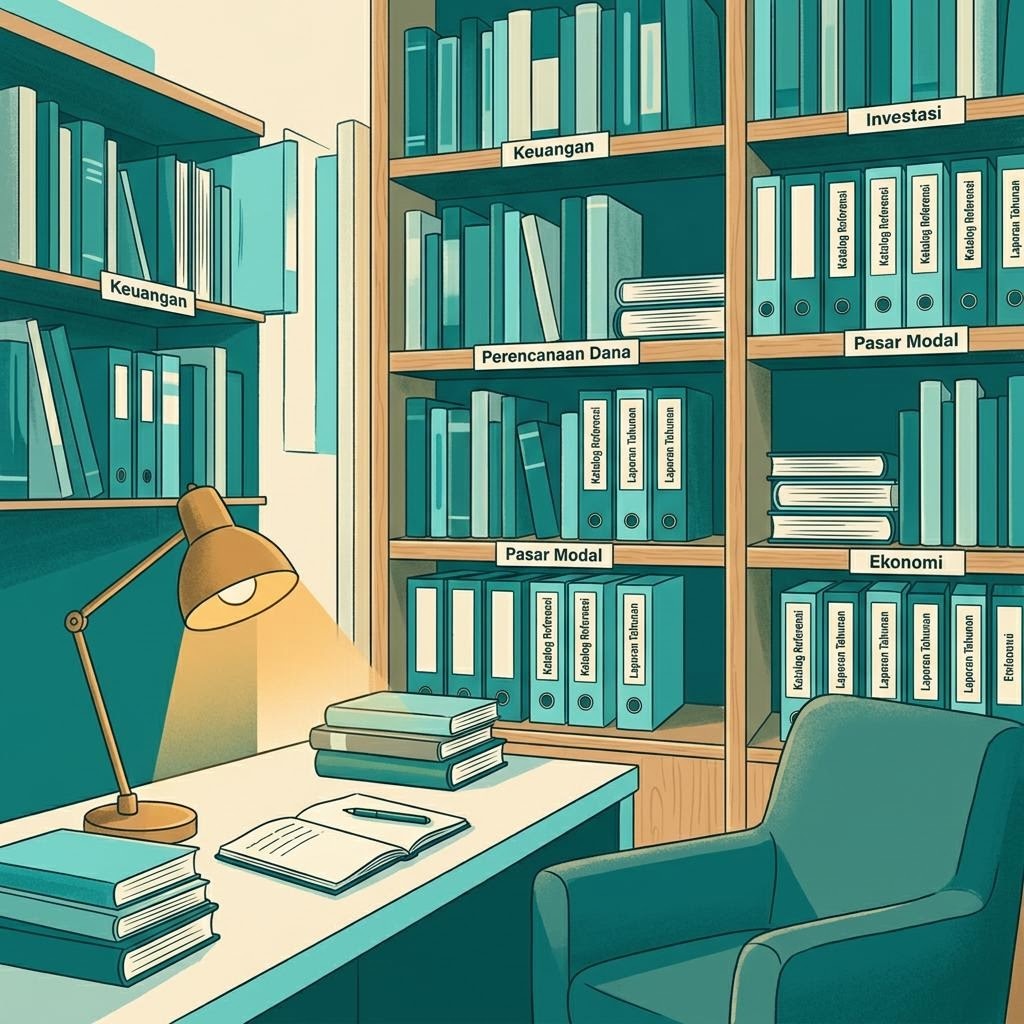 Ilustración de una sala de lectura estilo biblioteca con estantes de referencias financieras bien ordenados
