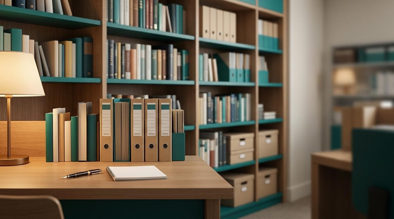 Ilustración de un espacio de trabajo editorial estilo biblioteca, con estantes de referencias financieras y una mesa de lectura ordenada